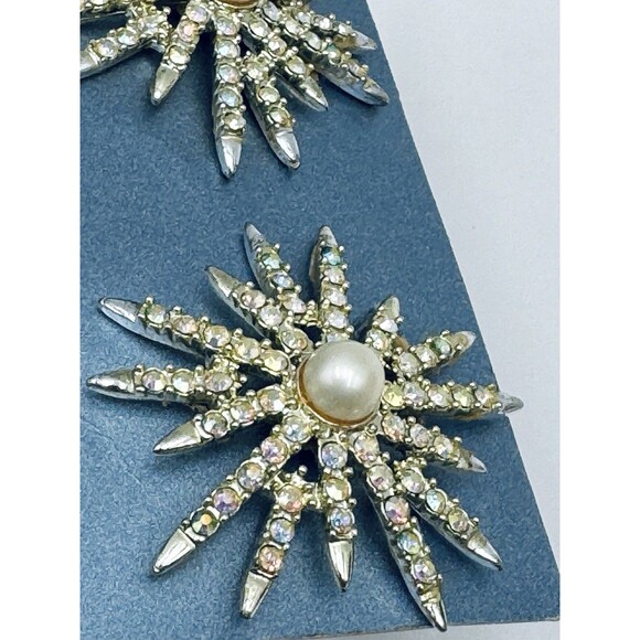 EMMONS Starburst Silver Tone Faux Pearl AB Rhinestone VTG Clip On Earrings w Box - Picture 5 of 12